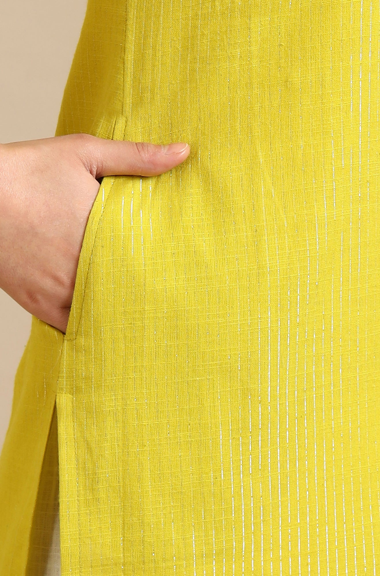 Yellow Embellished Cotton Lurex Straight Kurta