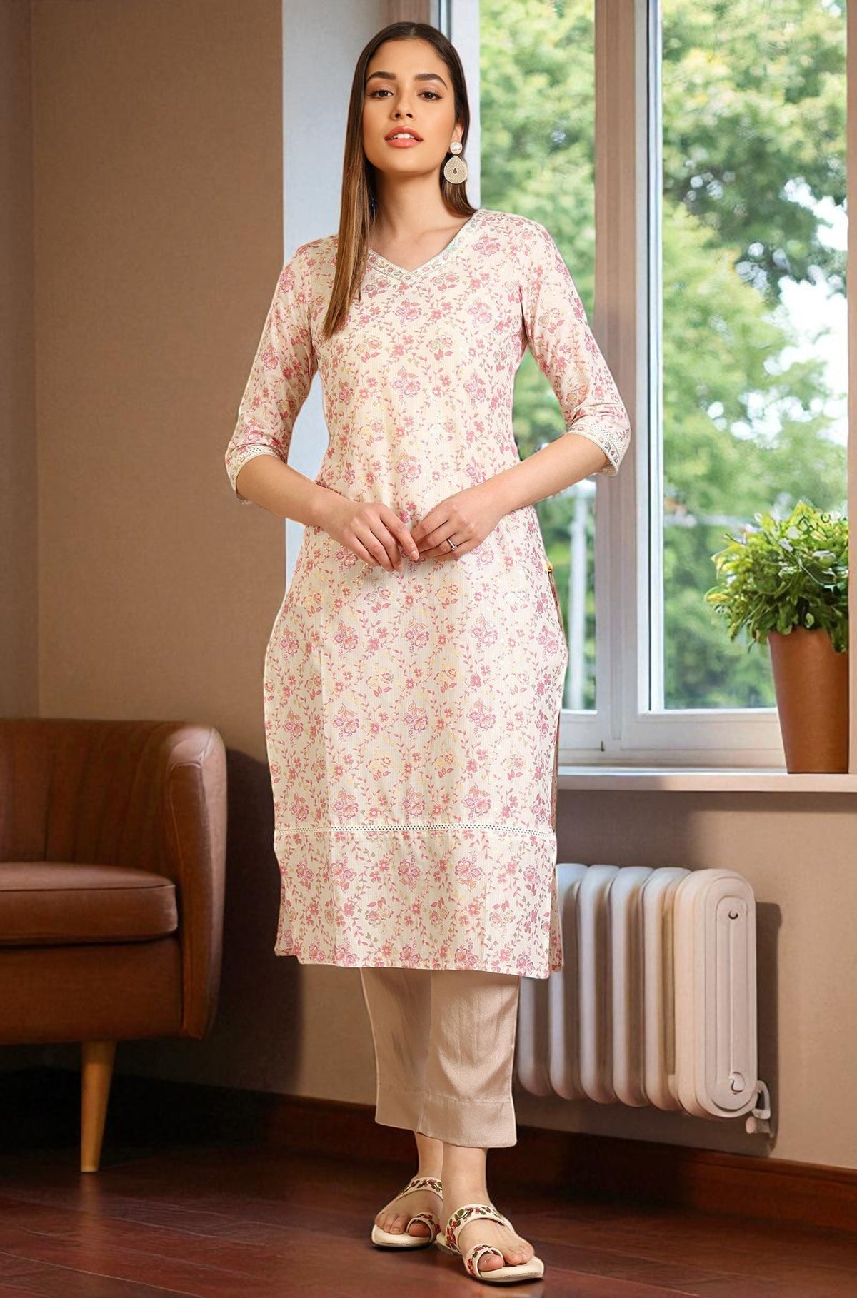 White Floral Printed Pure Cotton Straight Kurta - S