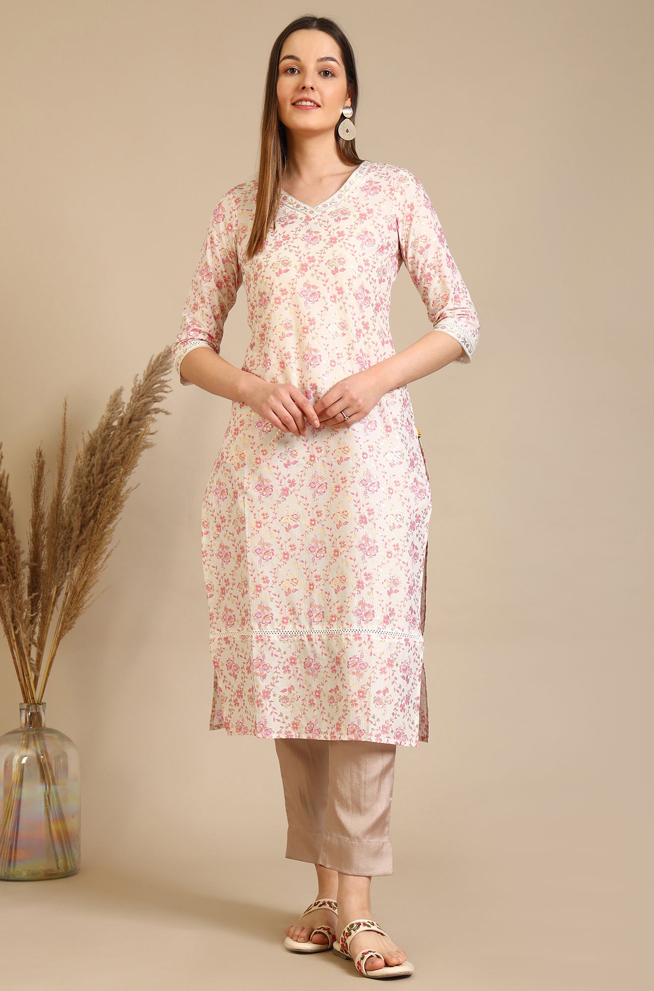 White Floral Printed Pure Cotton Straight Kurta