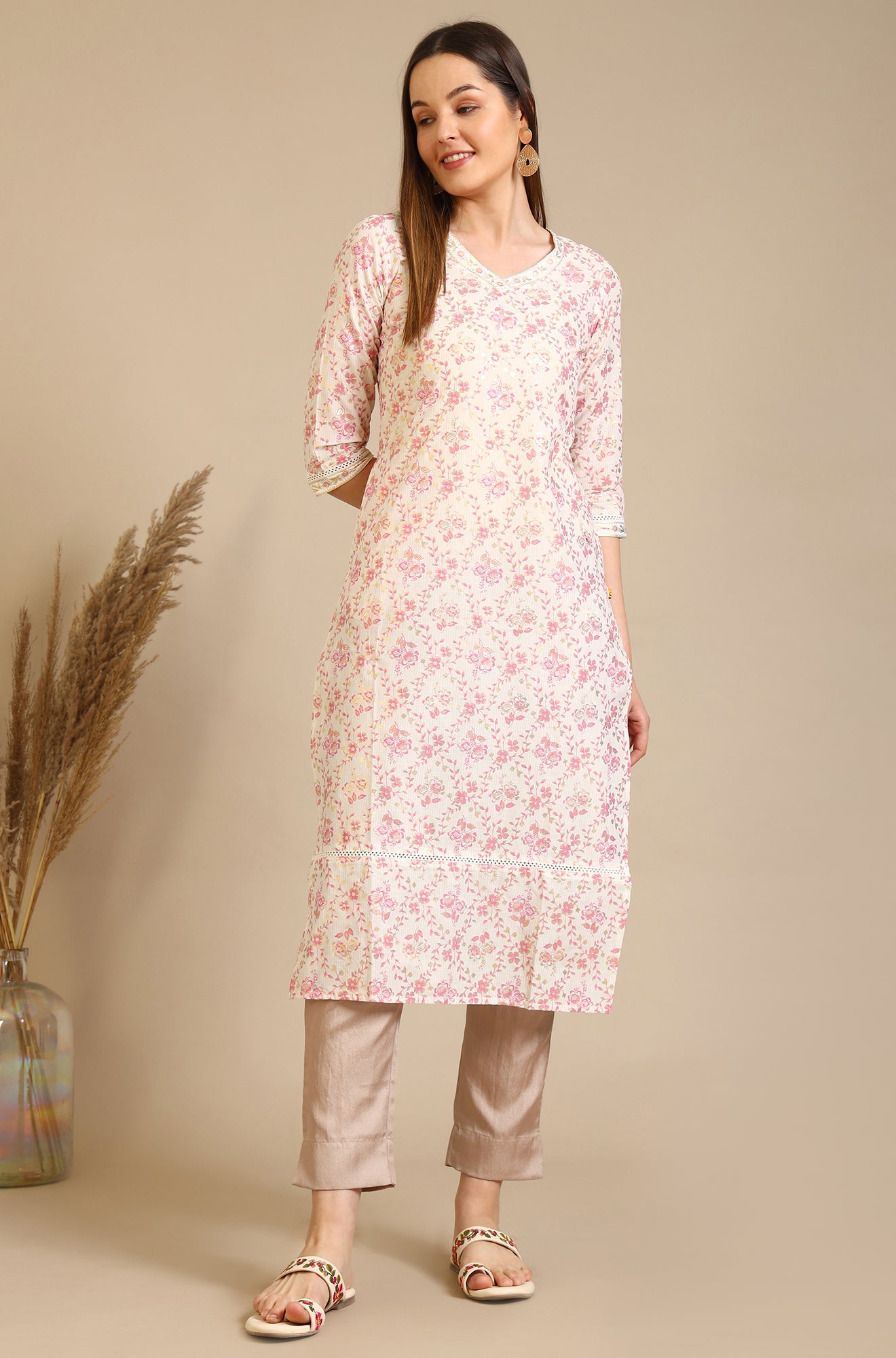 White Floral Printed Pure Cotton Straight Kurta