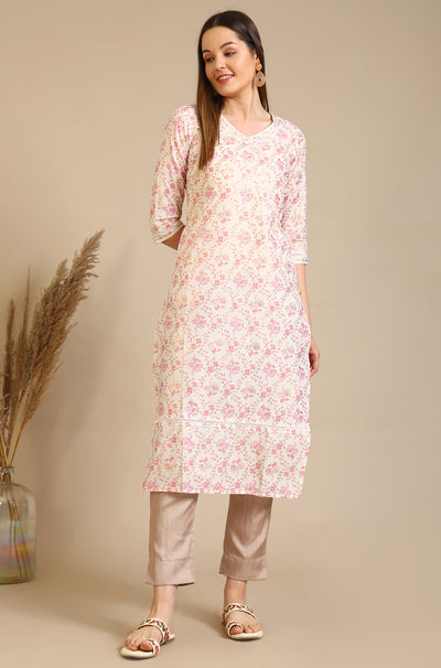White Floral Printed Pure Cotton Straight Kurta