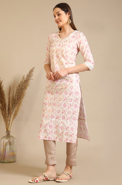 White Floral Printed Pure Cotton Straight Kurta