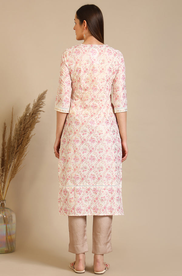White Floral Printed Pure Cotton Straight Kurta