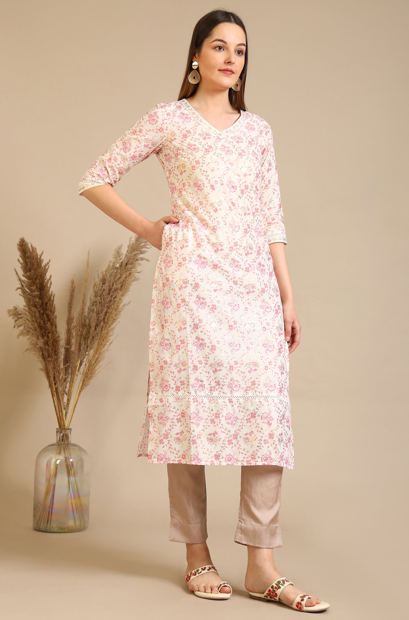 White Floral Printed Pure Cotton Straight Kurta