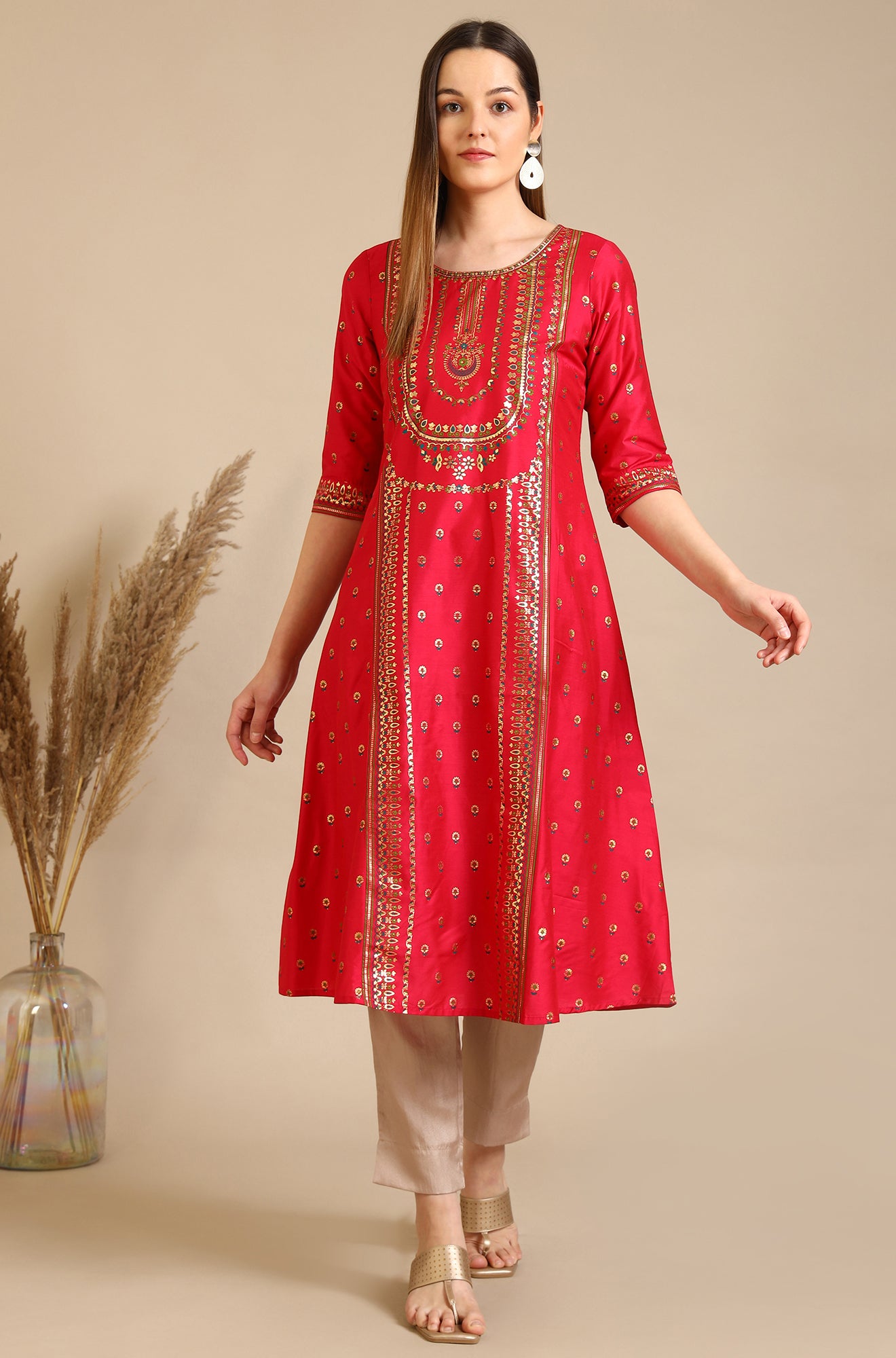 Virtual Pink Bold Floral Printed A-line Kurta