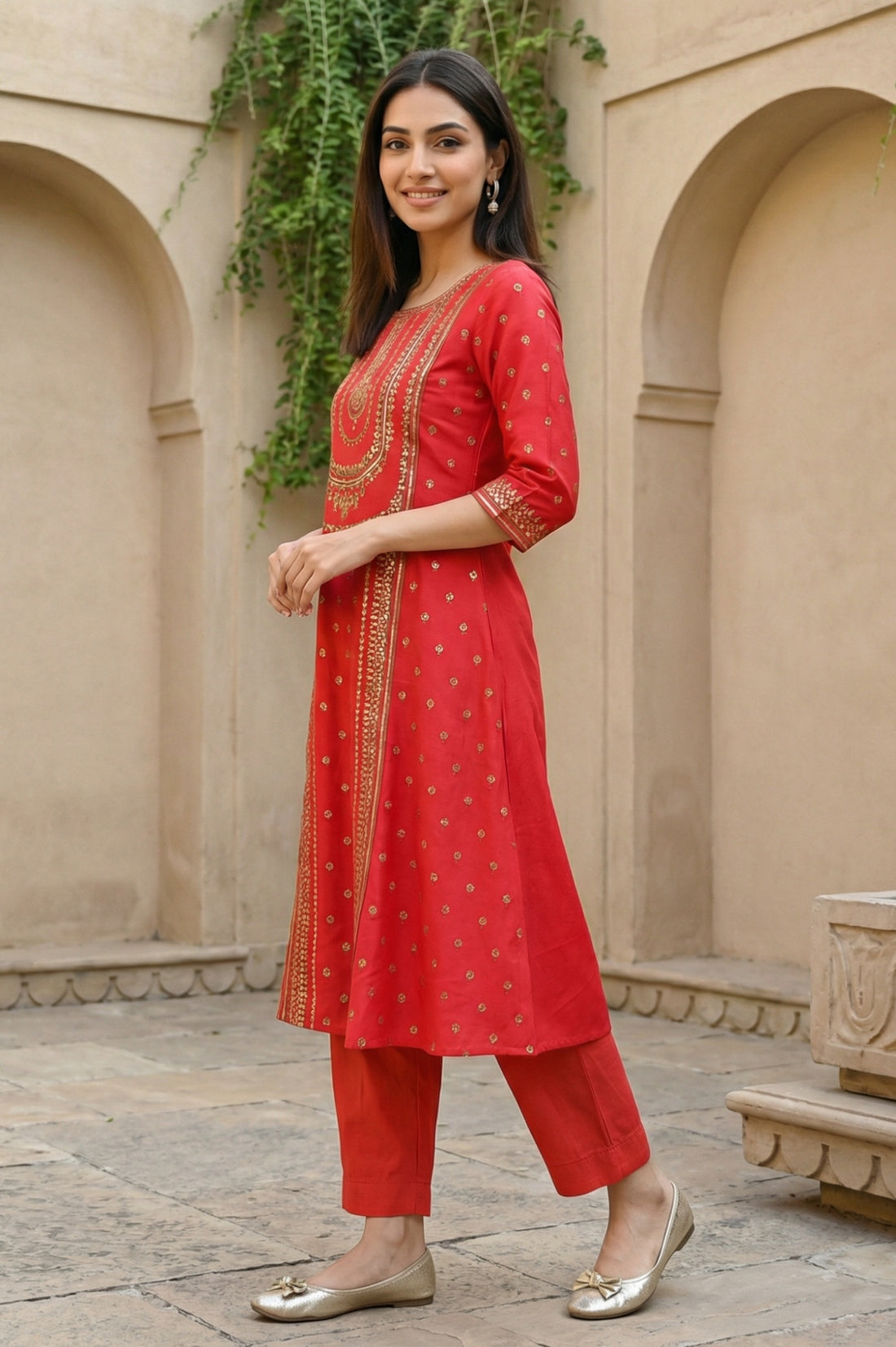 Virtual Pink Bold Floral Printed A-line Kurta