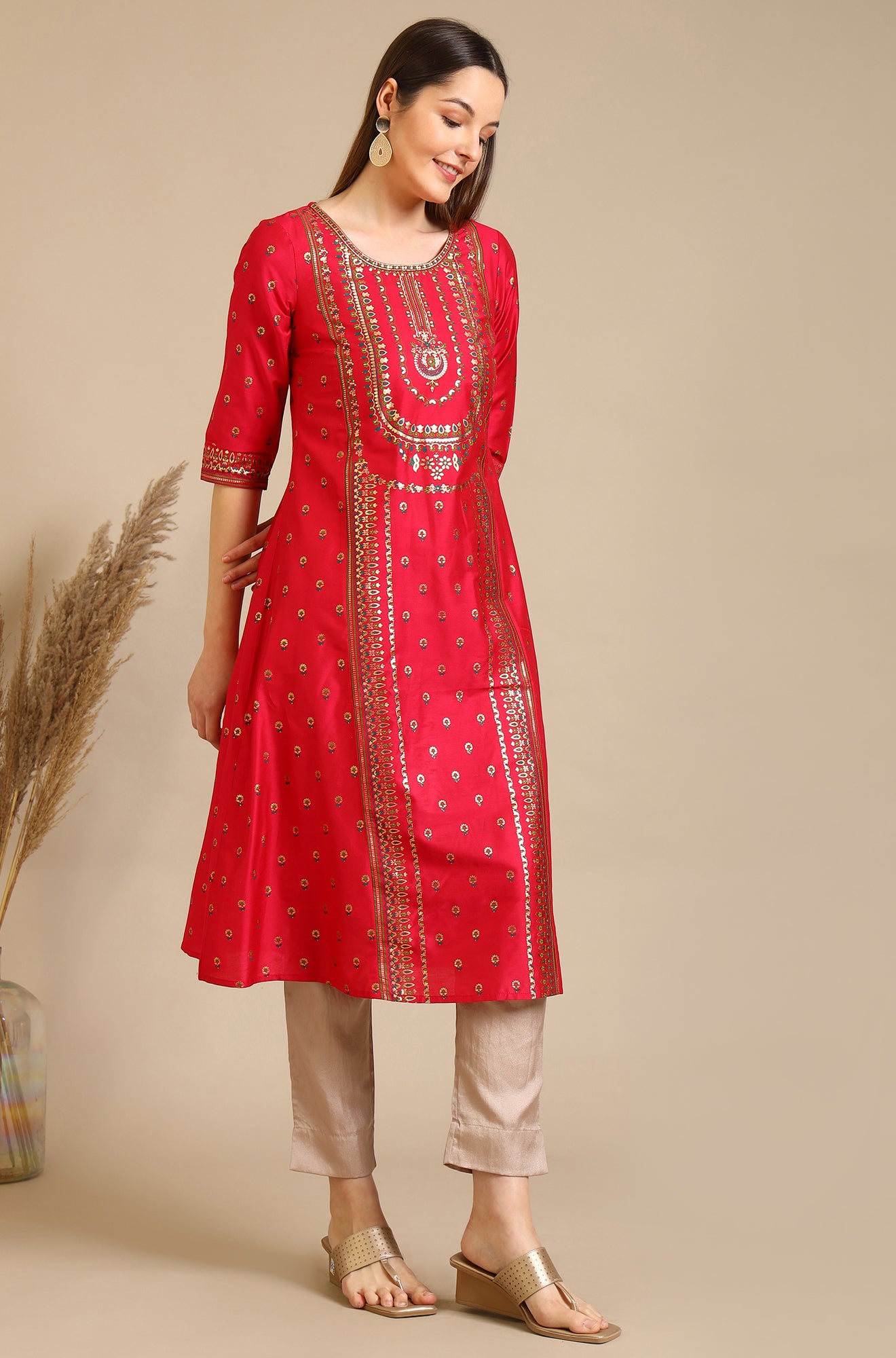 Virtual Pink Bold Floral Printed A-line Kurta