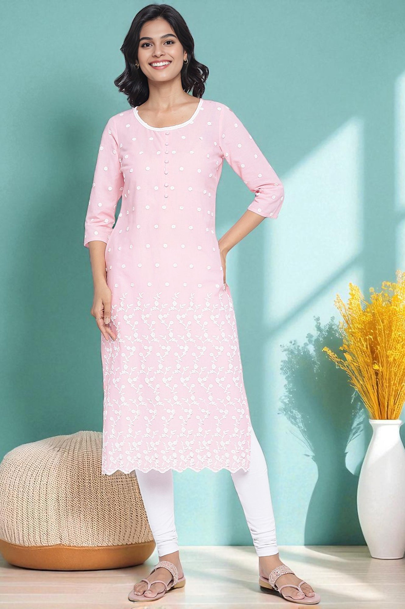 Powder Pink Solid Schiffli Pure Cotton Straight Kurta