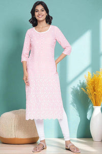 Powder Pink Solid Schiffli Pure Cotton Straight Kurta