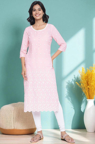 Powder Pink Solid Schiffli Pure Cotton Straight Kurta