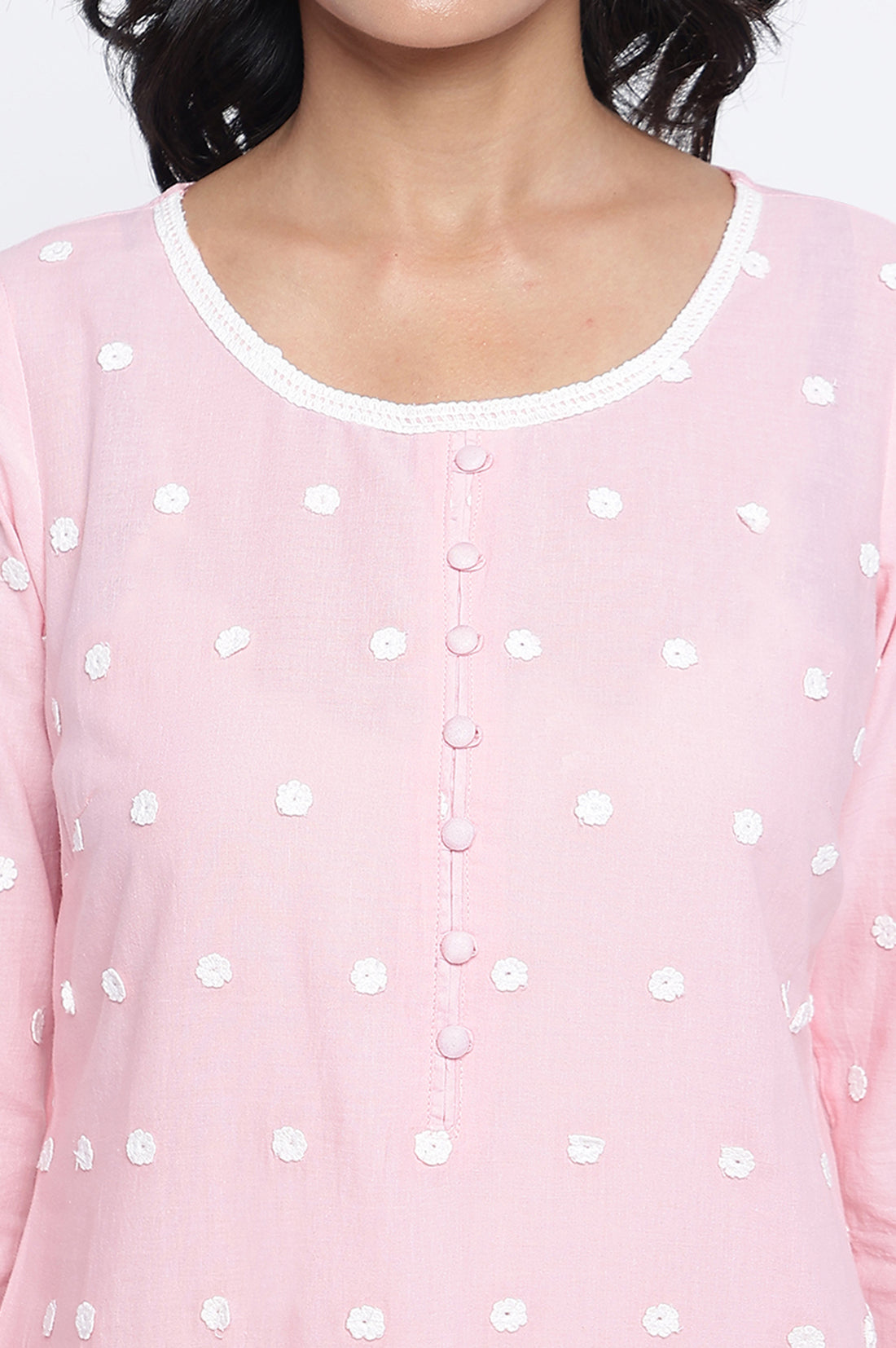 Powder Pink Solid Schiffli Pure Cotton Straight Kurta