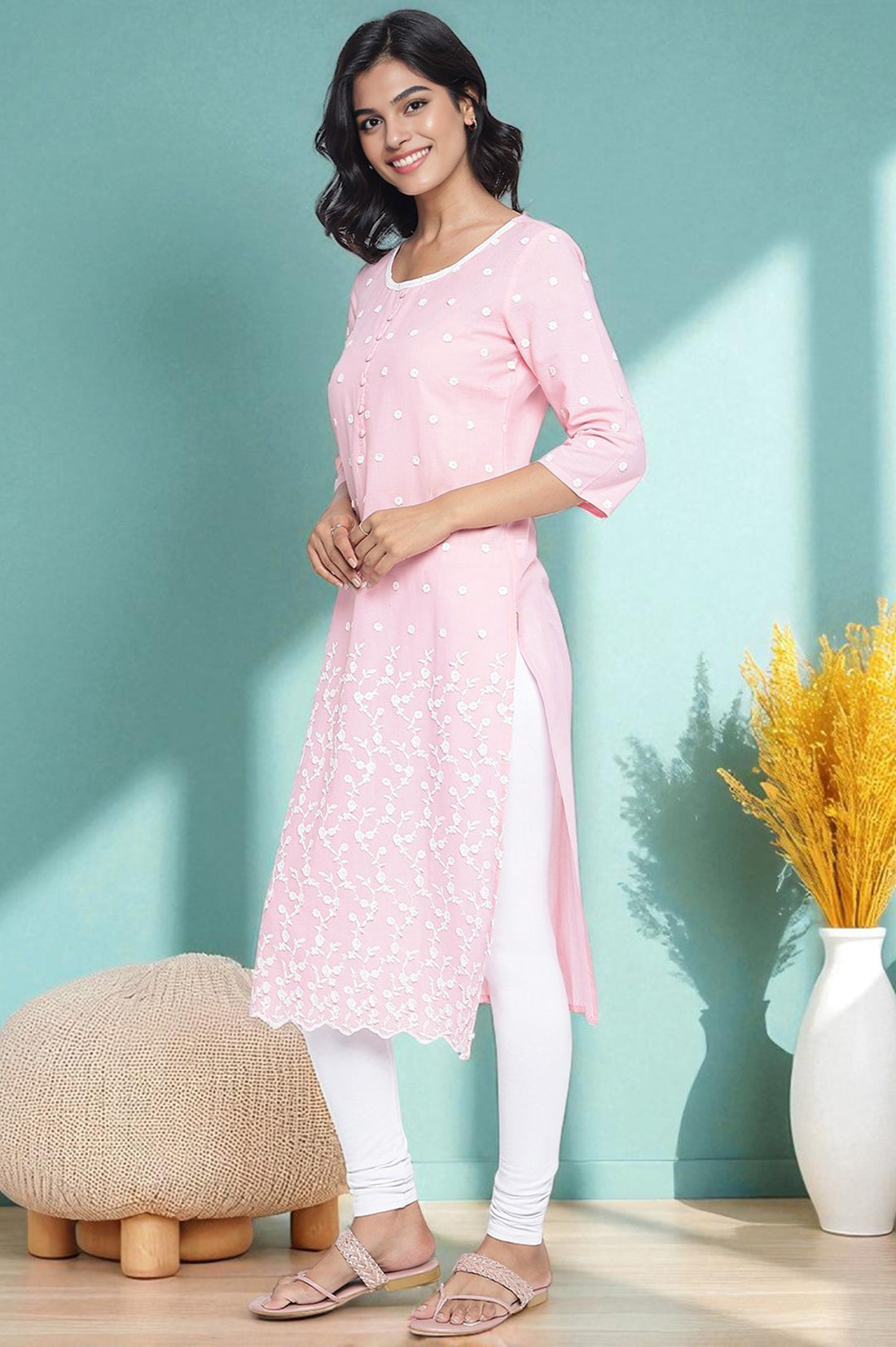 Powder Pink Solid Schiffli Pure Cotton Straight Kurta