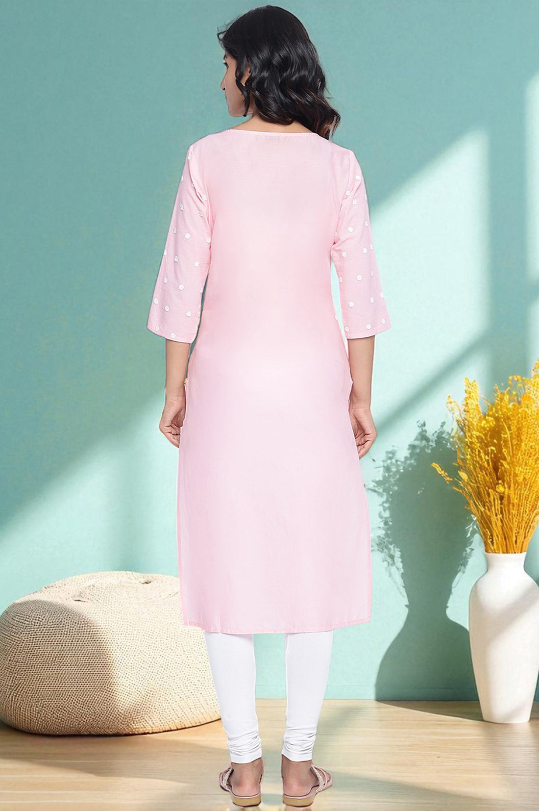 Powder Pink Solid Schiffli Pure Cotton Straight Kurta