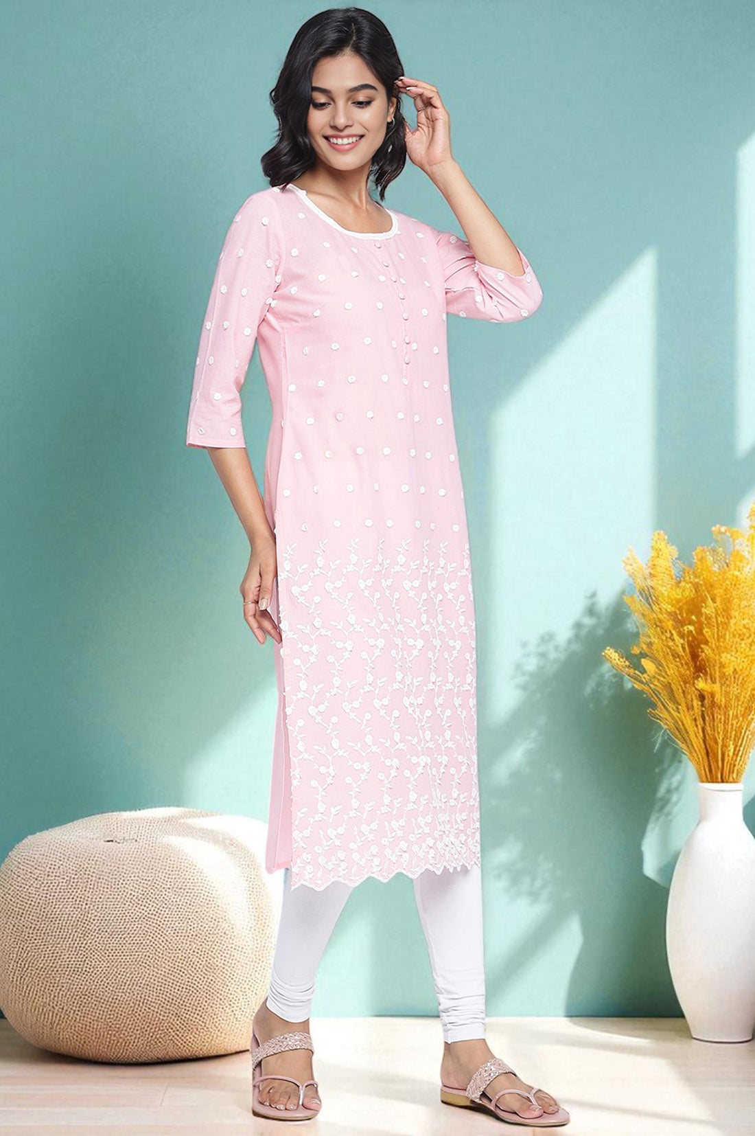Powder Pink Solid Schiffli Pure Cotton Straight Kurta