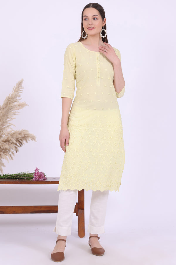 Yellow Embroidered Straight Pure Cotton Kurta