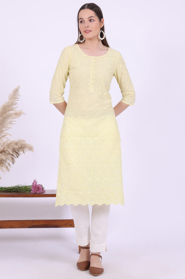 Yellow Embroidered Straight Pure Cotton Kurta