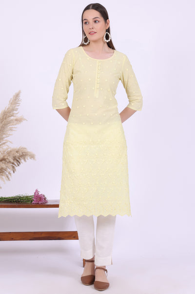 Yellow Embroidered Straight Pure Cotton Kurta