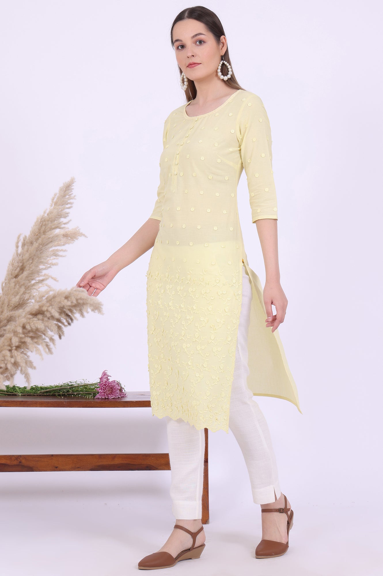 Buy Yellow Lurex Stripe Kurta with Embroidery Online for Woman