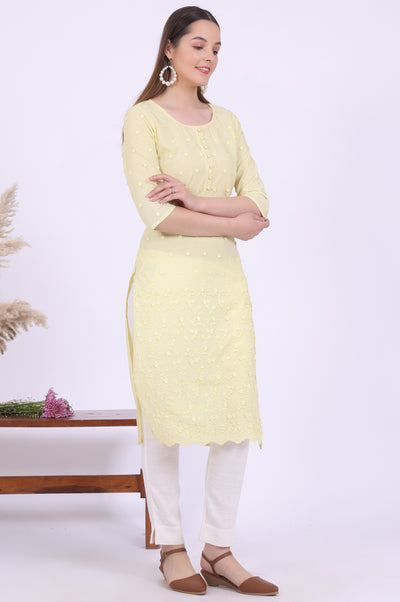 Yellow Embroidered Straight Pure Cotton Kurta