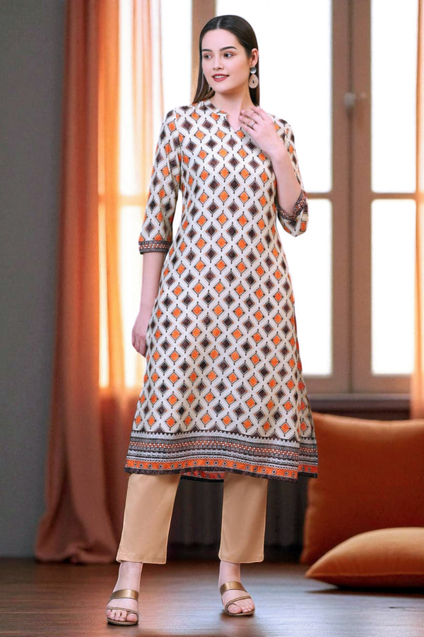 Off-White Modal Straight Kurta with Multi-colour Geometric Print