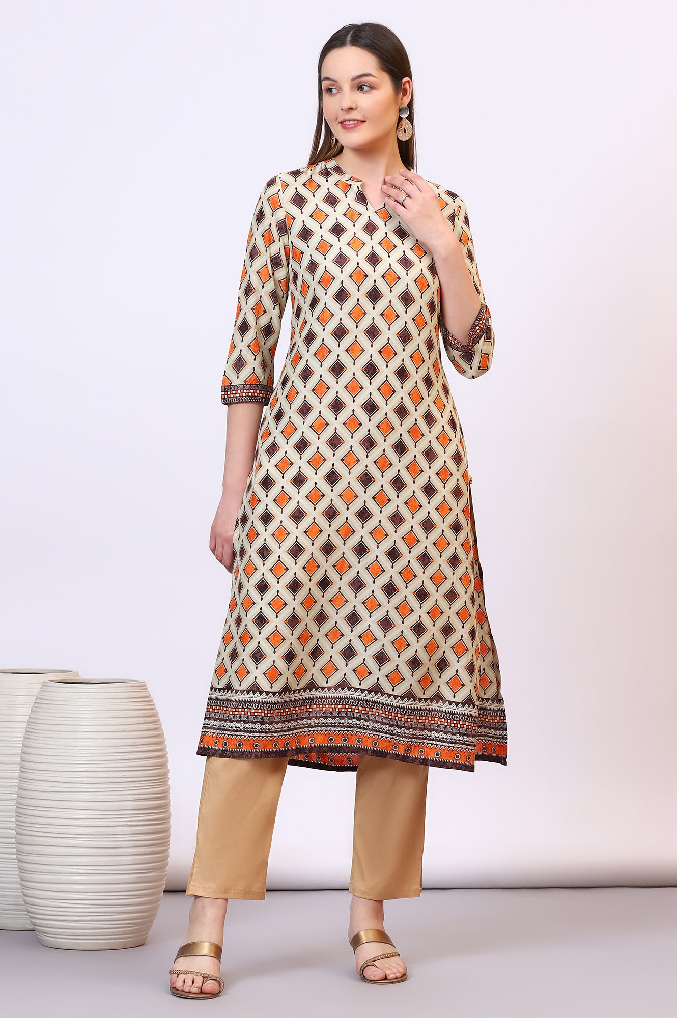 Off-White Modal Straight Kurta with Multi-colour Geometric Print