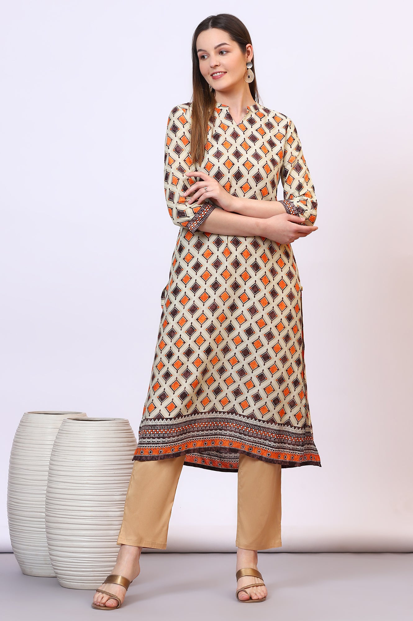 Off-White Modal Straight Kurta with Multi-colour Geometric Print