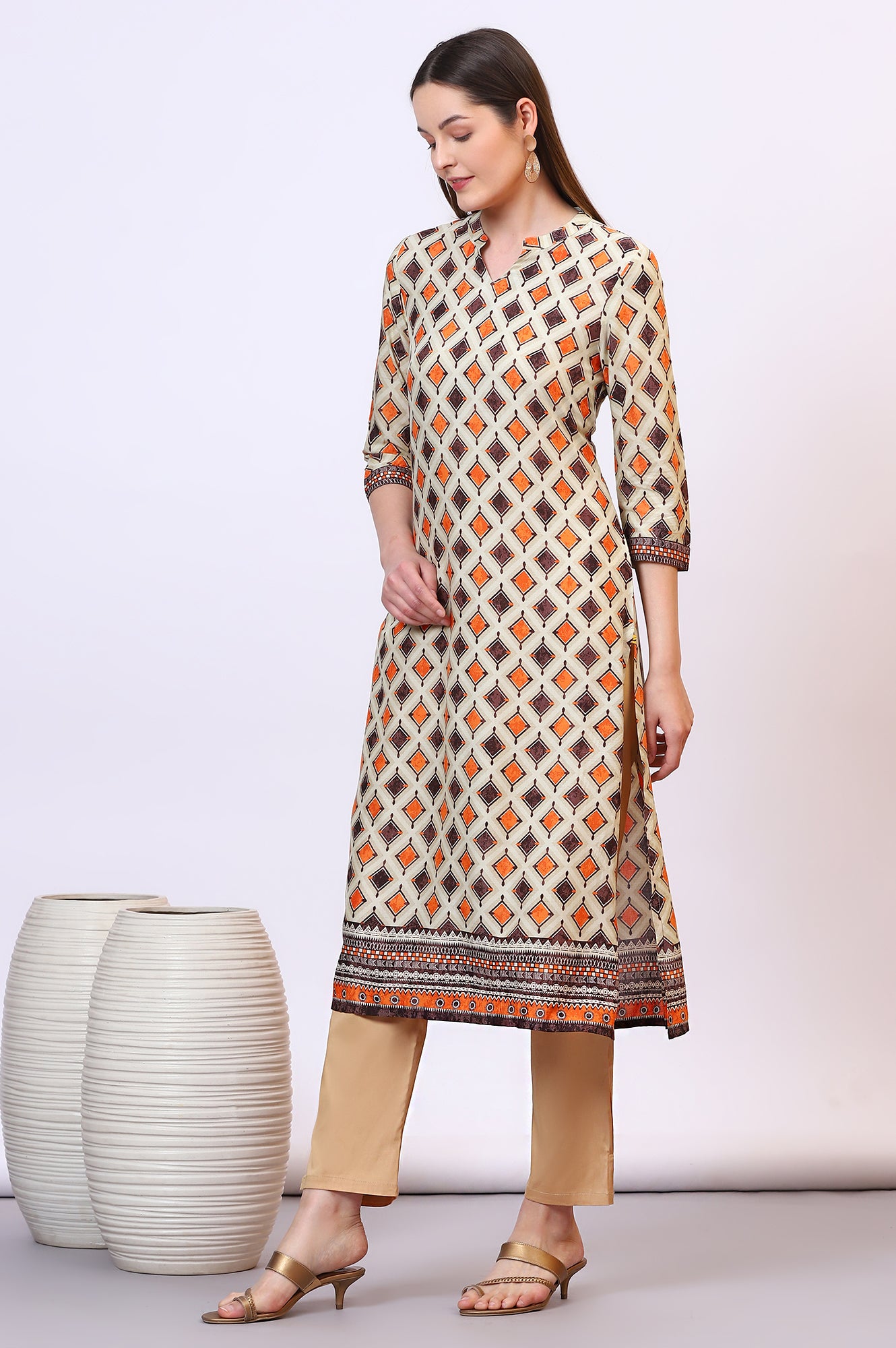 Off-White Modal Straight Kurta with Multi-colour Geometric Print