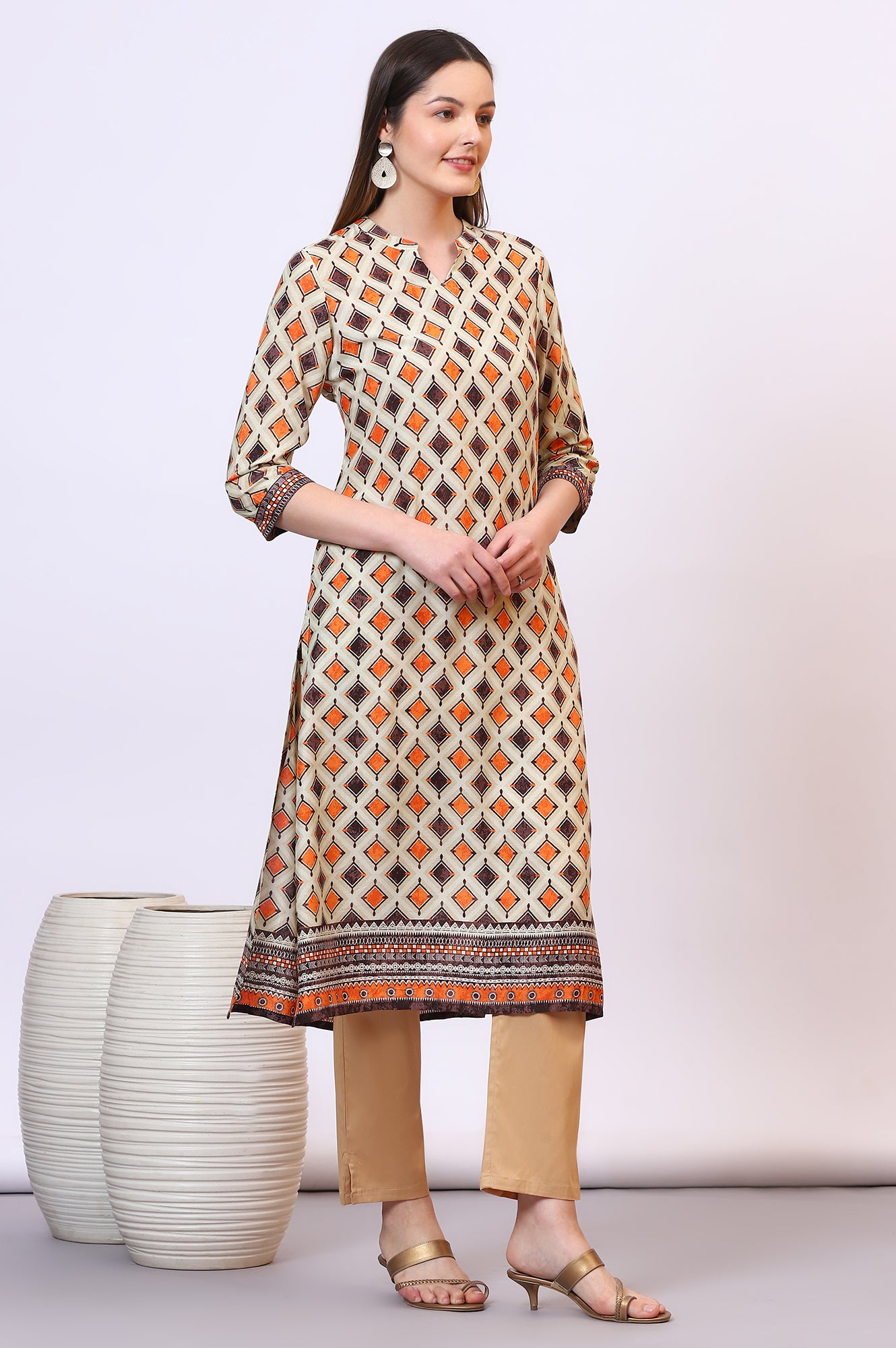 Off-White Modal Straight Kurta with Multi-colour Geometric Print