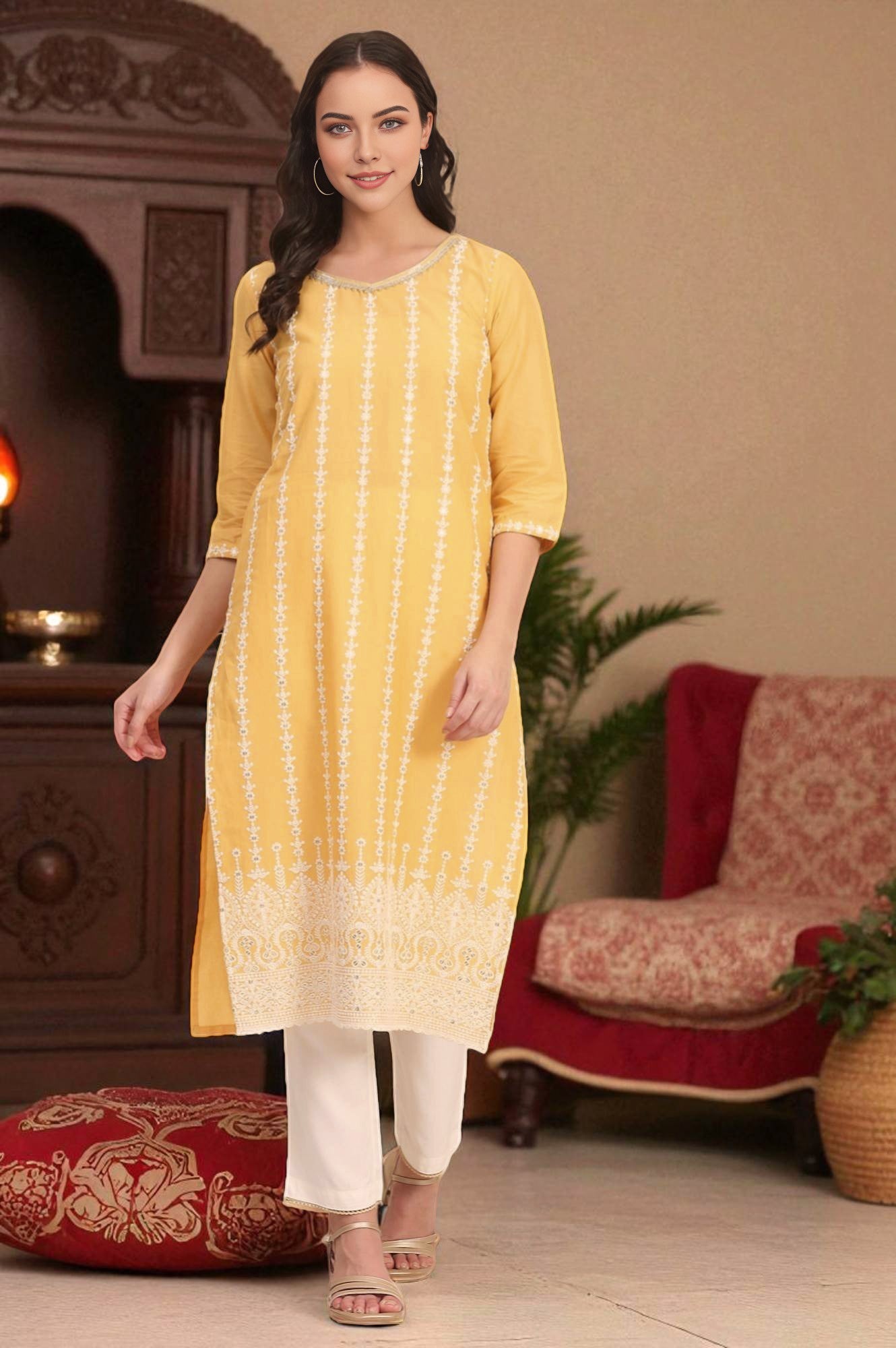 Yellow Embroidered Straight Schiffli Pure Cotton Kurta