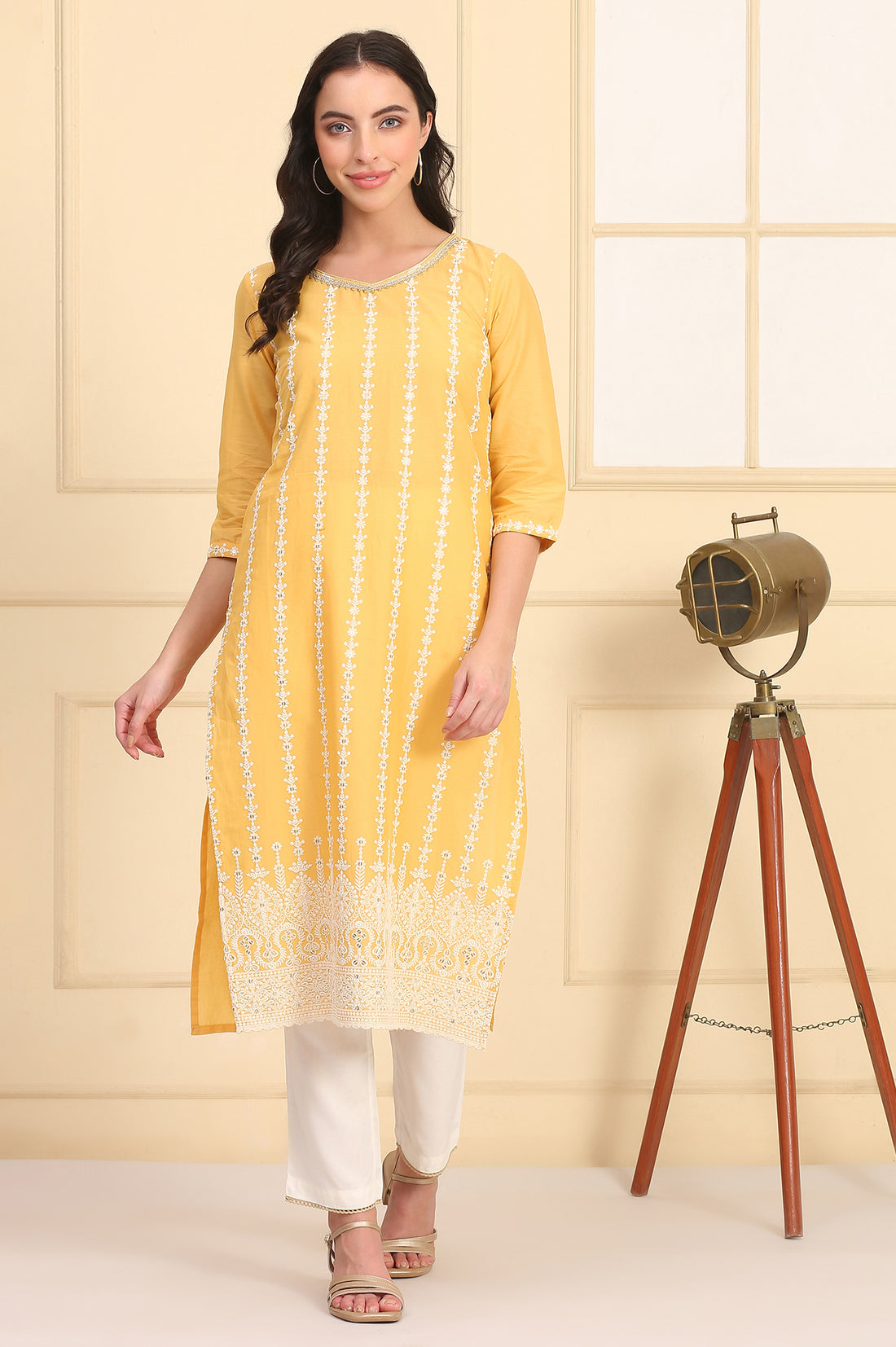 Yellow Embroidered Straight Schiffli Pure Cotton Kurta