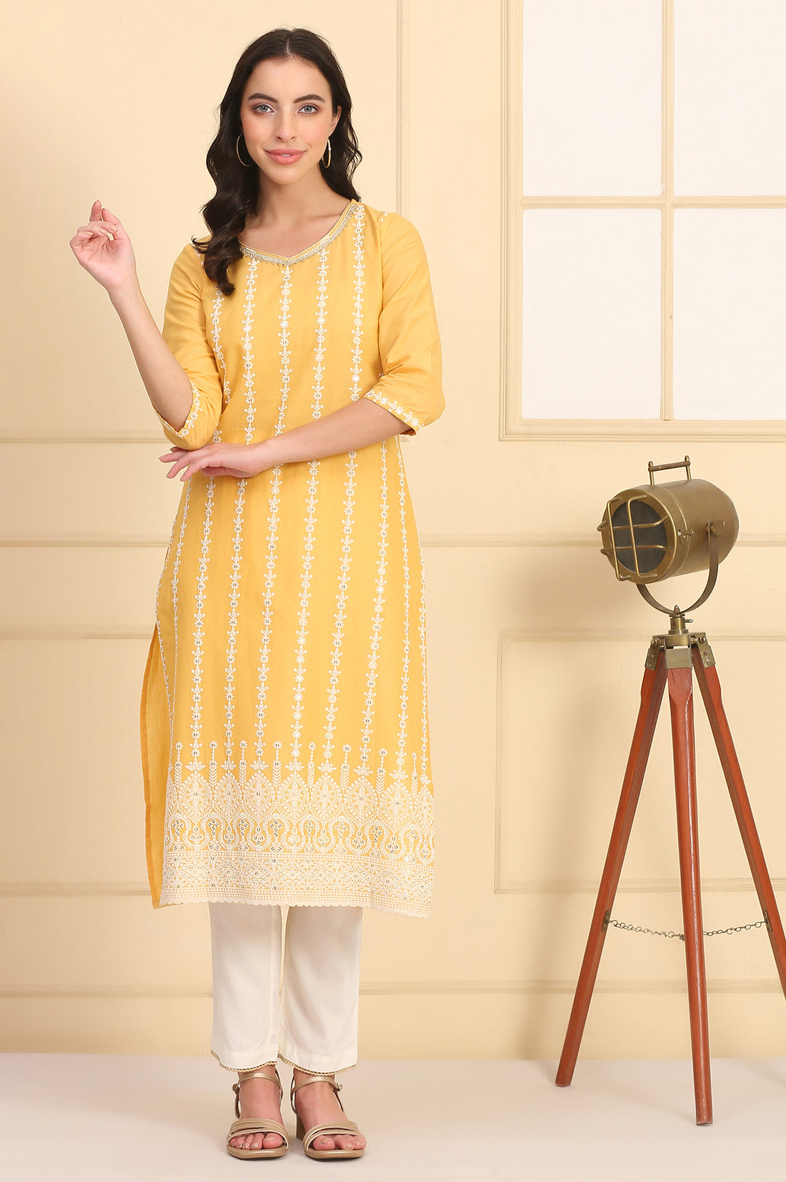 Yellow Embroidered Straight Schiffli Pure Cotton Kurta