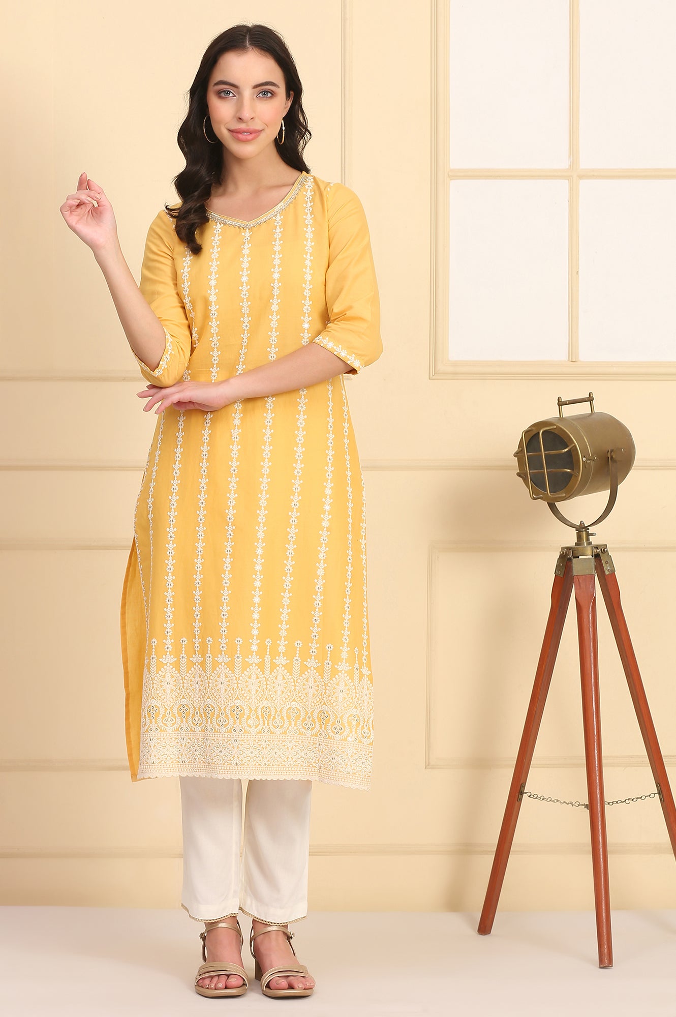 Yellow Embroidered Straight Schiffli Pure Cotton Kurta