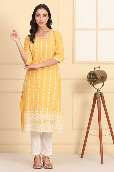 Yellow Embroidered Straight Schiffli Pure Cotton Kurta