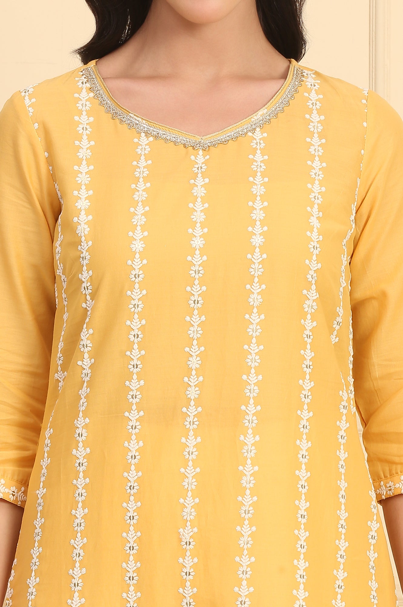 Yellow Embroidered Straight Schiffli Pure Cotton Kurta