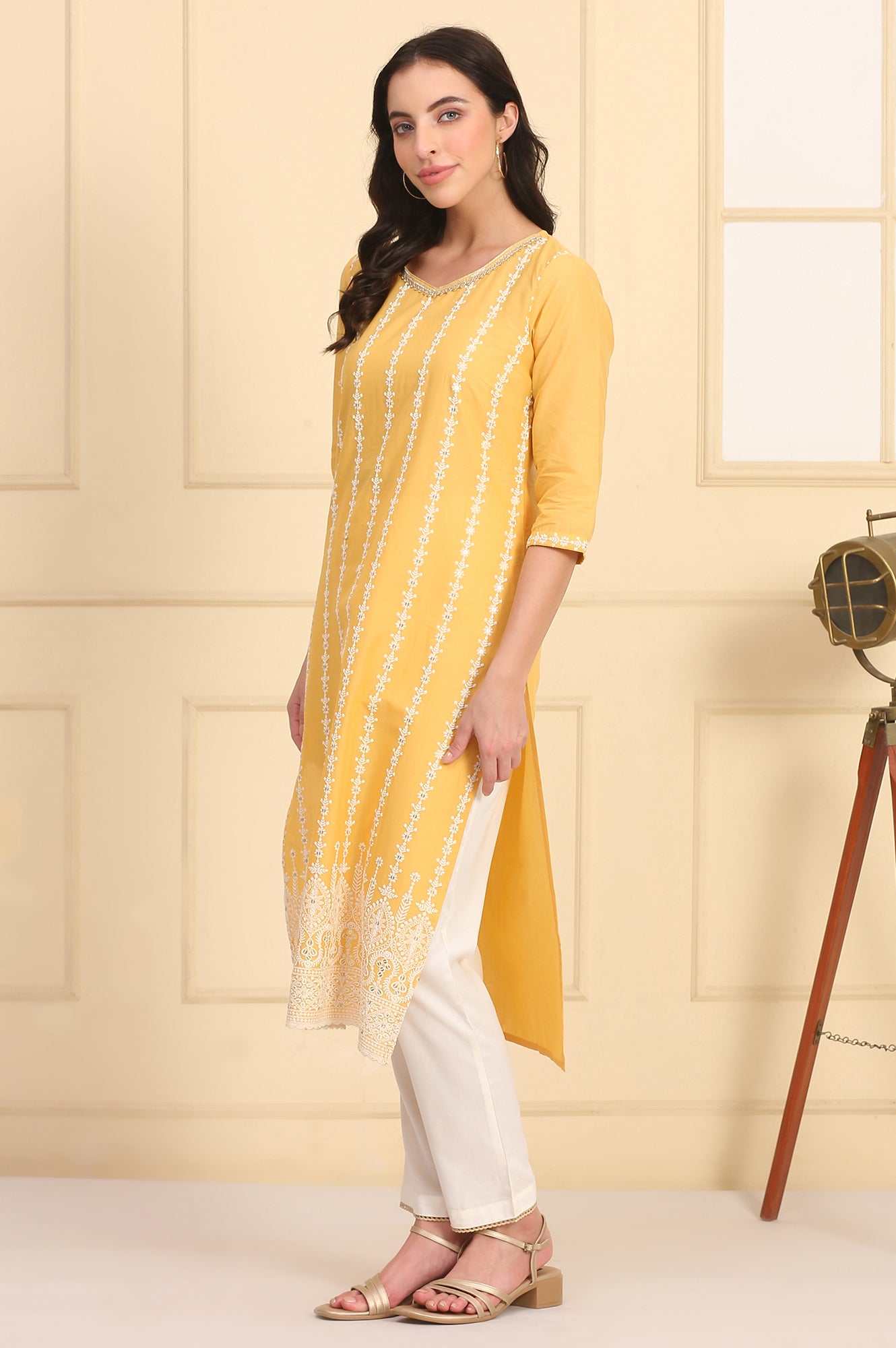 Yellow Embroidered Straight Schiffli Pure Cotton Kurta
