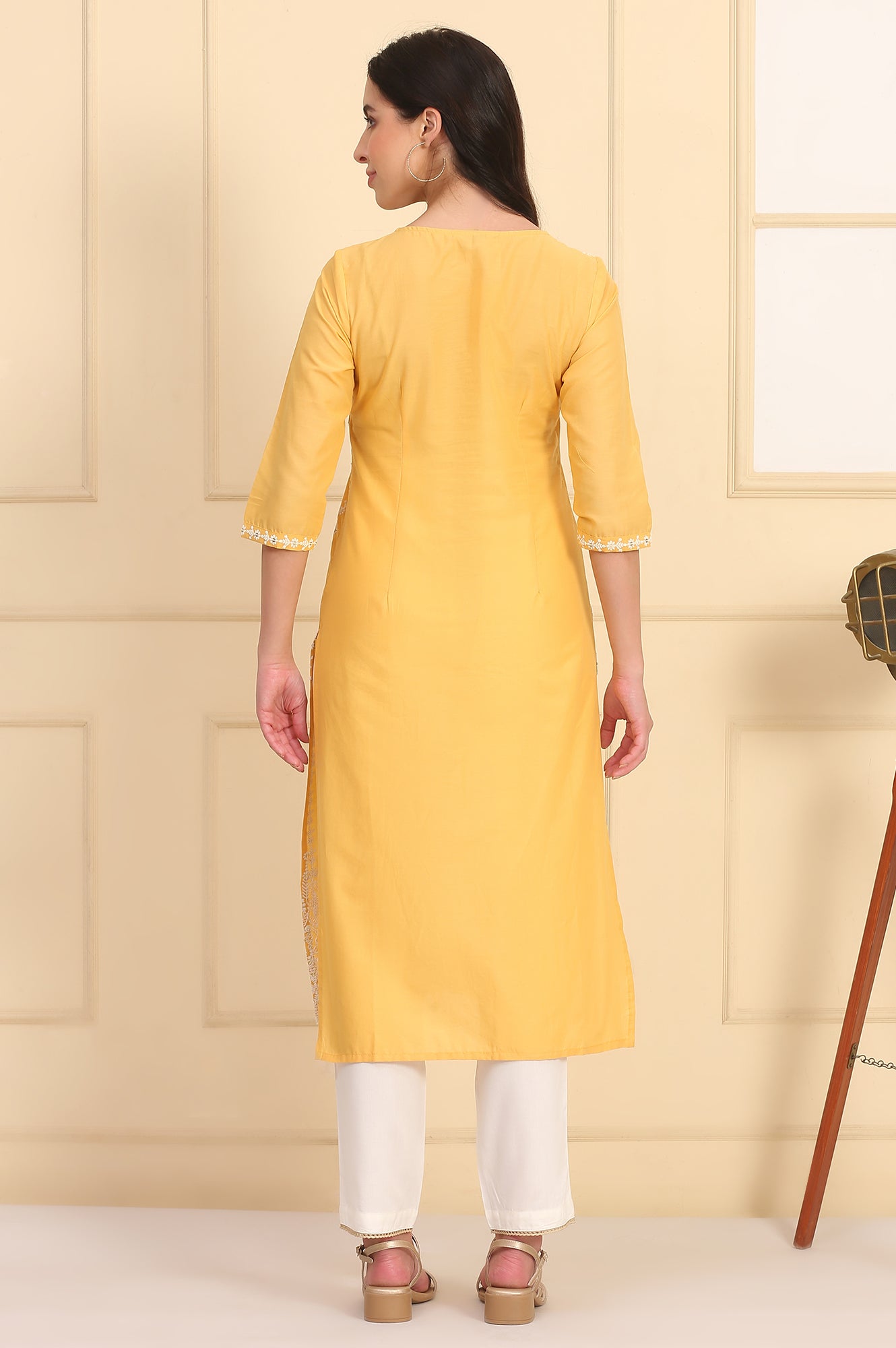 Yellow Embroidered Straight Schiffli Pure Cotton Kurta