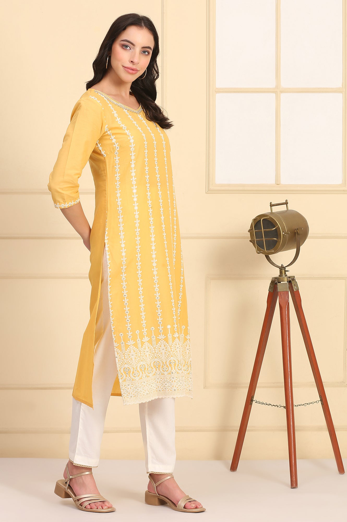Yellow Embroidered Straight Schiffli Pure Cotton Kurta
