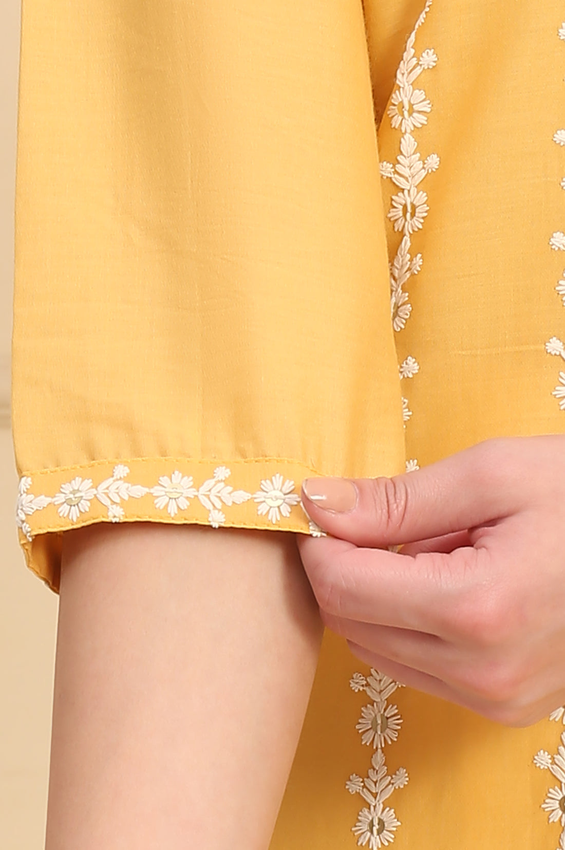 Yellow Embroidered Straight Schiffli Pure Cotton Kurta