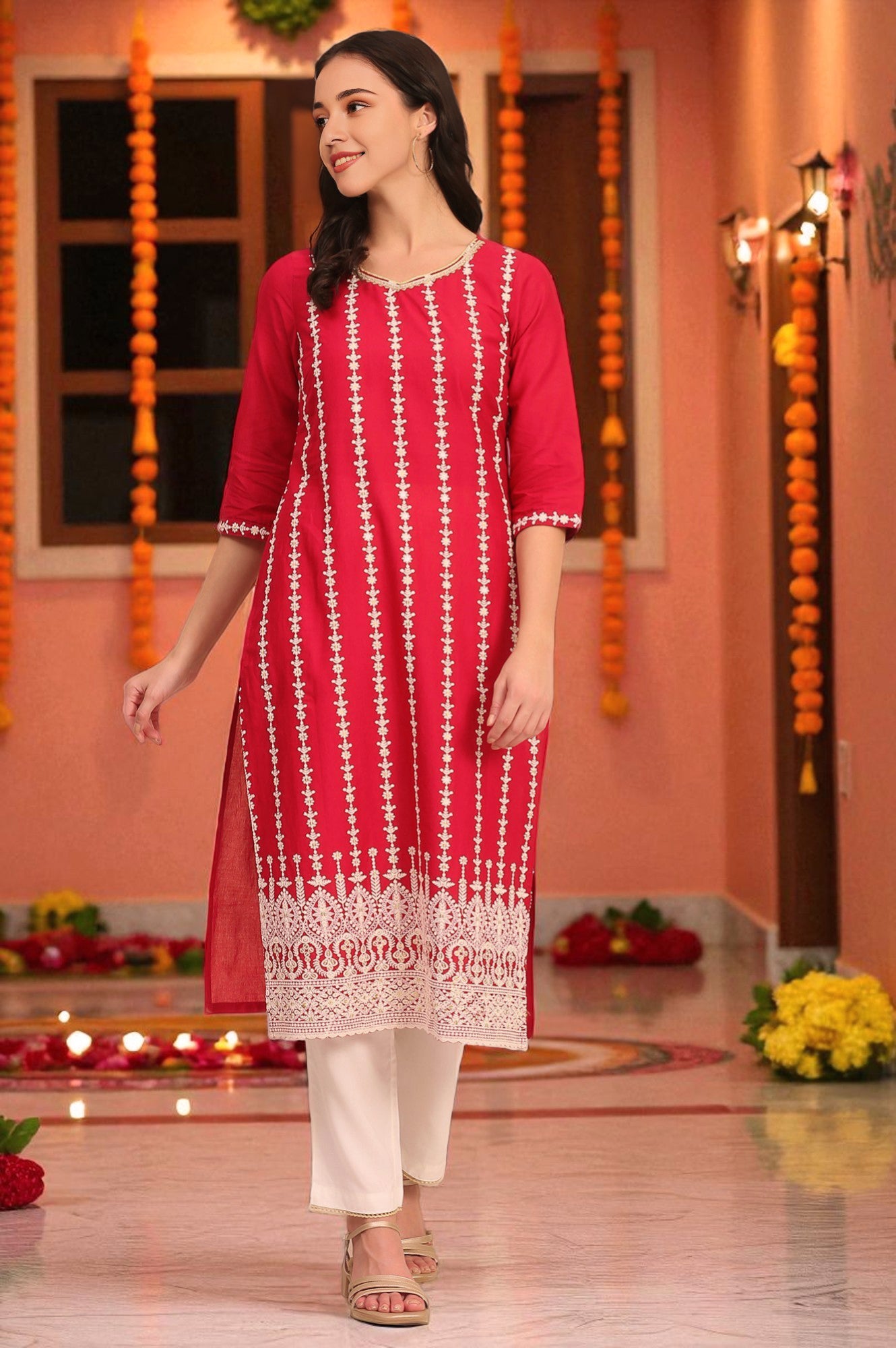 Red Embroidered Straight Schiffli Pure Cotton Kurta