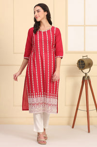 Red Embroidered Straight Schiffli Pure Cotton Kurta