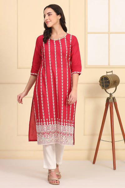 Red Embroidered Straight Schiffli Pure Cotton Kurta
