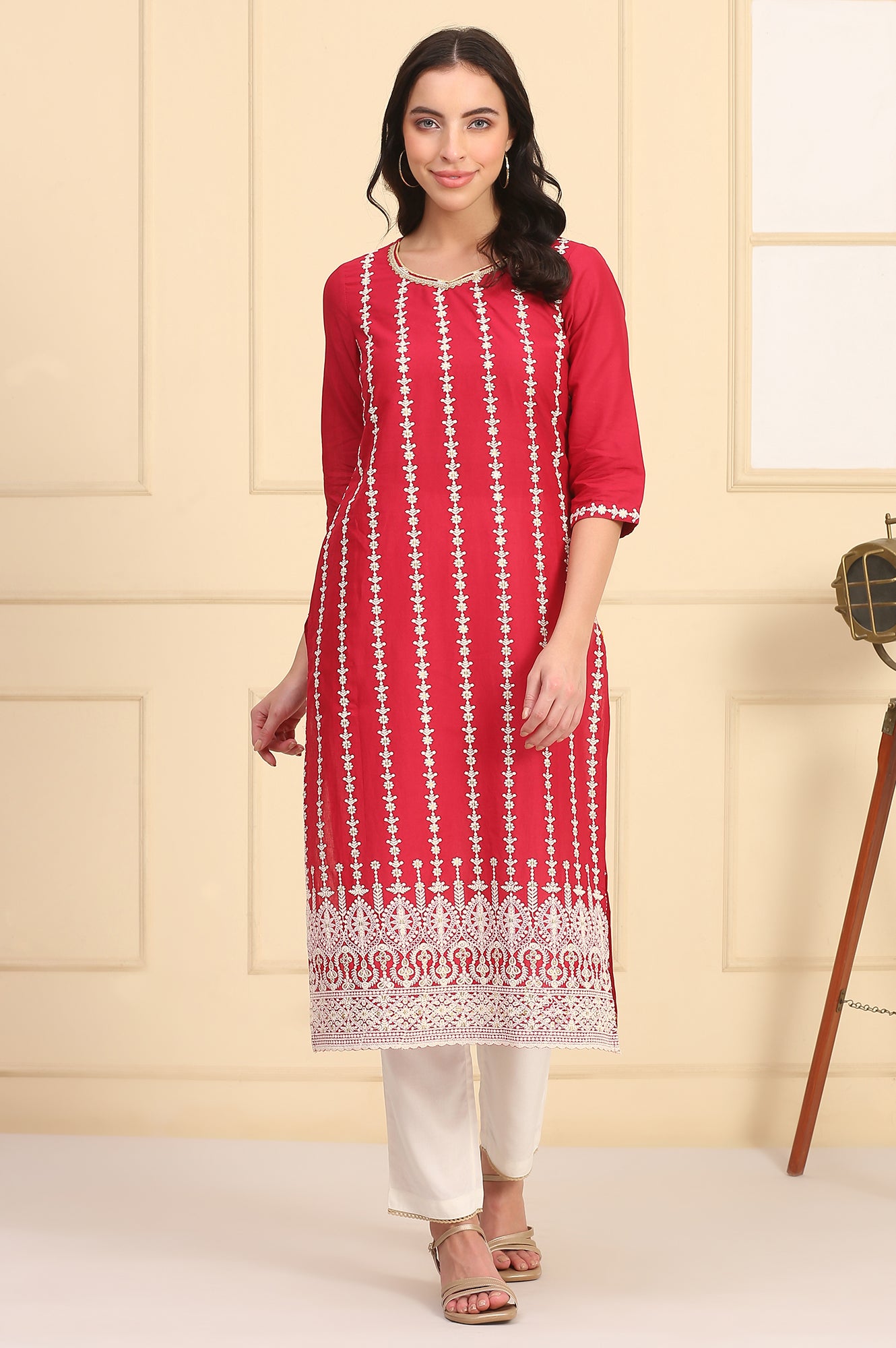 Red Embroidered Straight Schiffli Pure Cotton Kurta