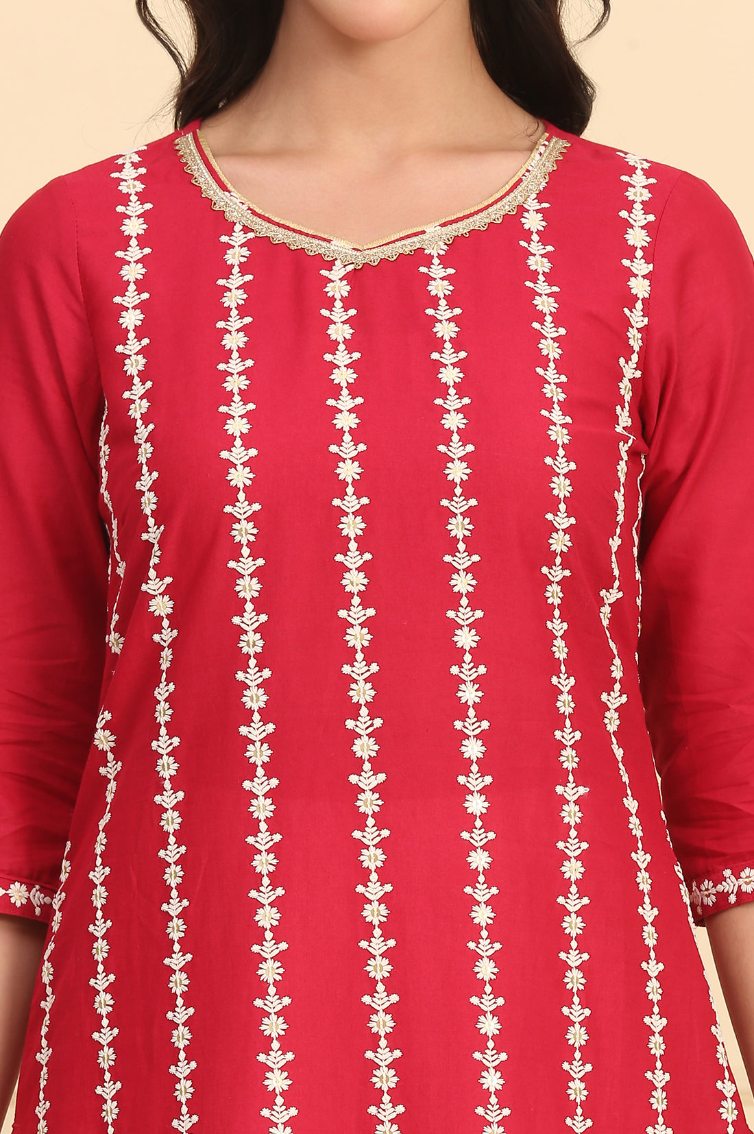 Red Embroidered Straight Schiffli Pure Cotton Kurta