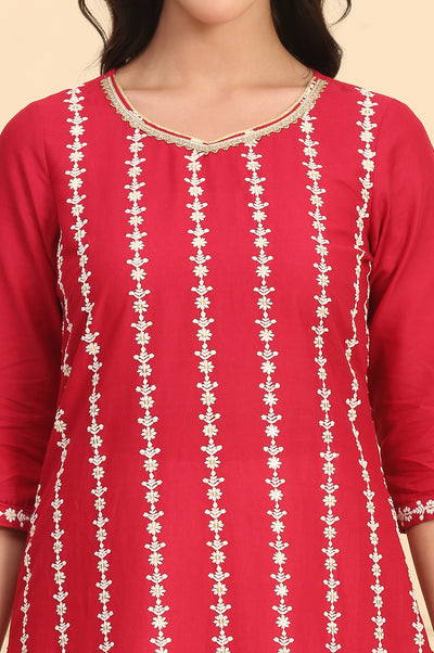 Red Embroidered Straight Schiffli Pure Cotton Kurta