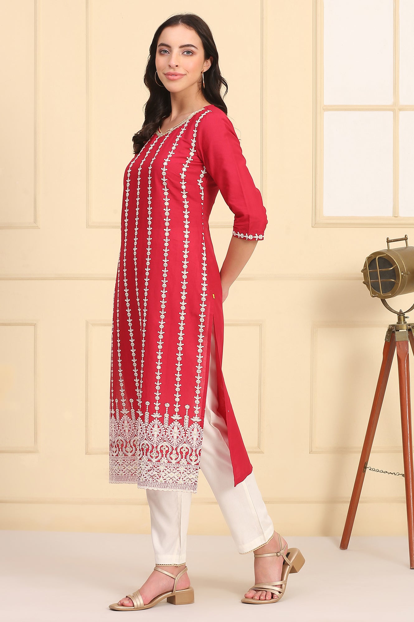 Red Embroidered Straight Schiffli Pure Cotton Kurta