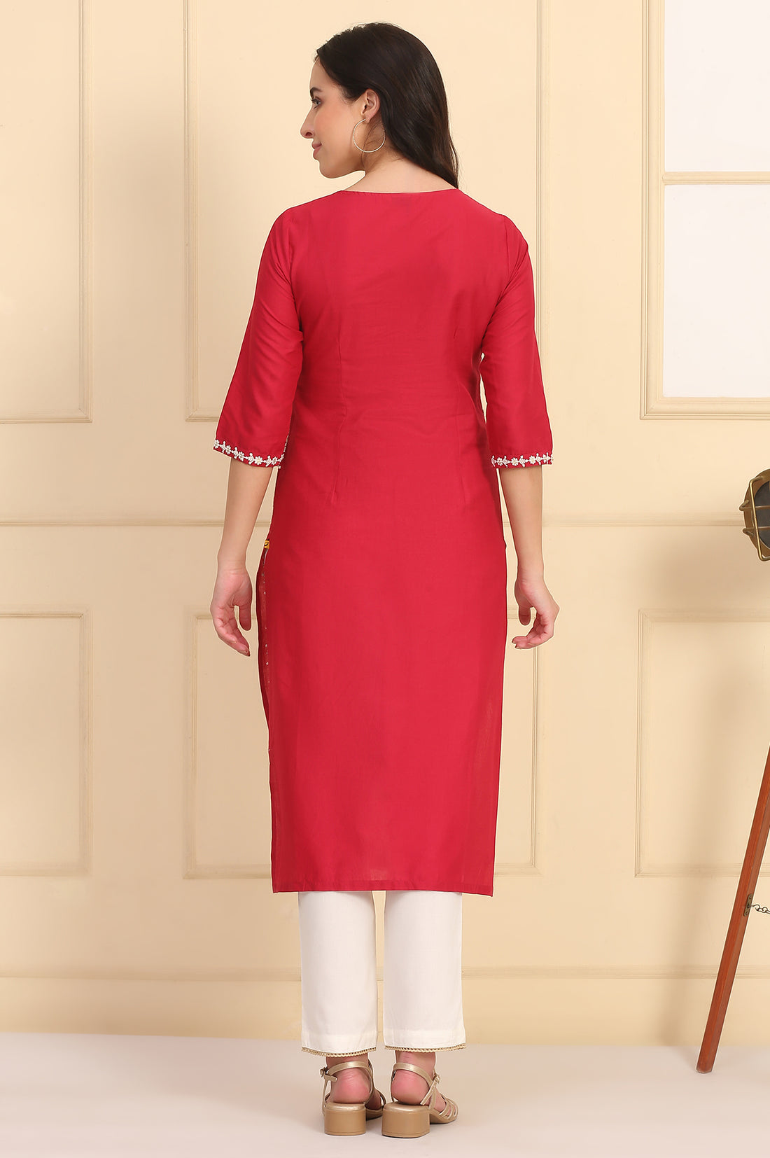 Red Embroidered Straight Schiffli Pure Cotton Kurta