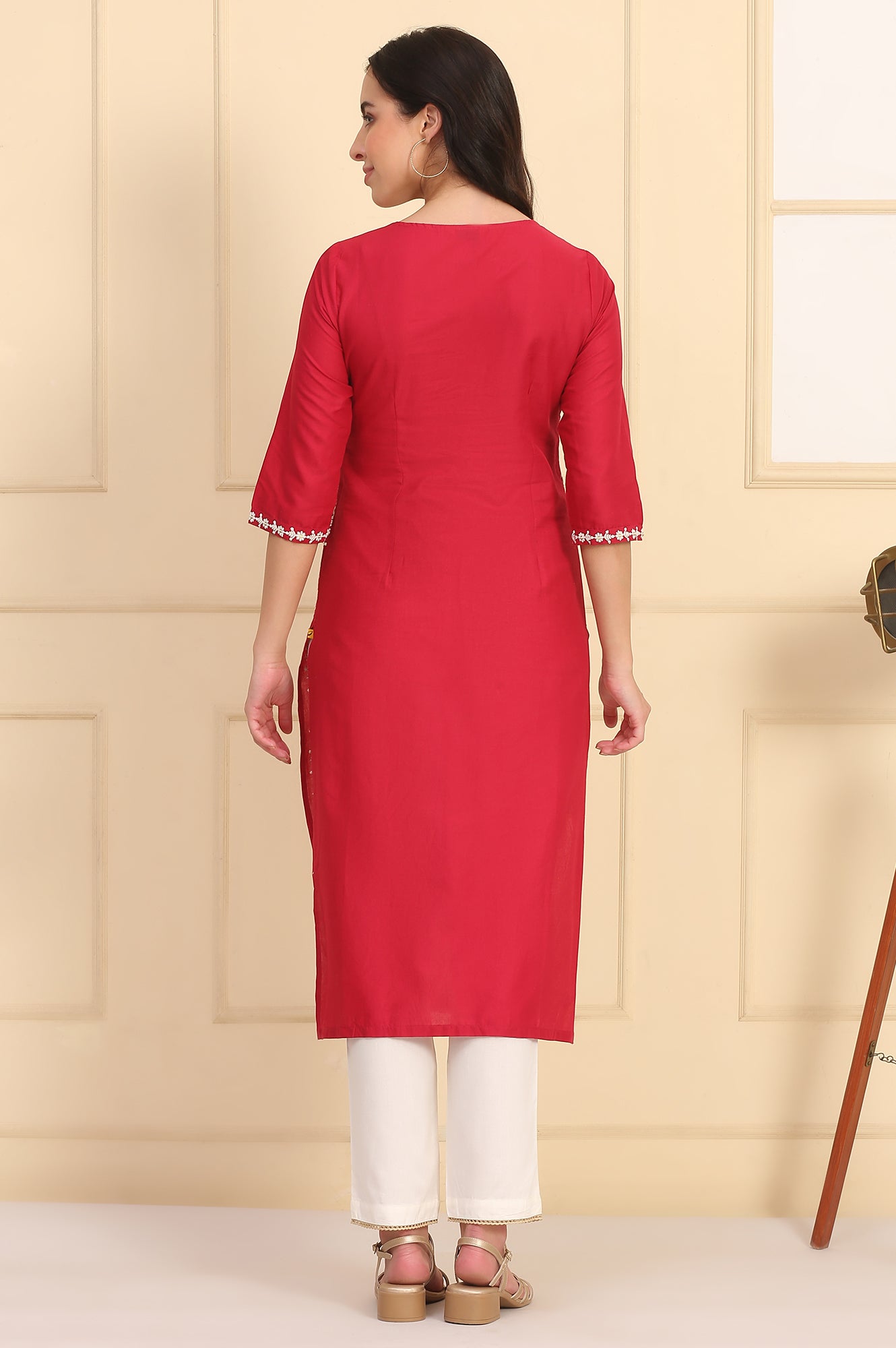 Red Embroidered Straight Schiffli Pure Cotton Kurta