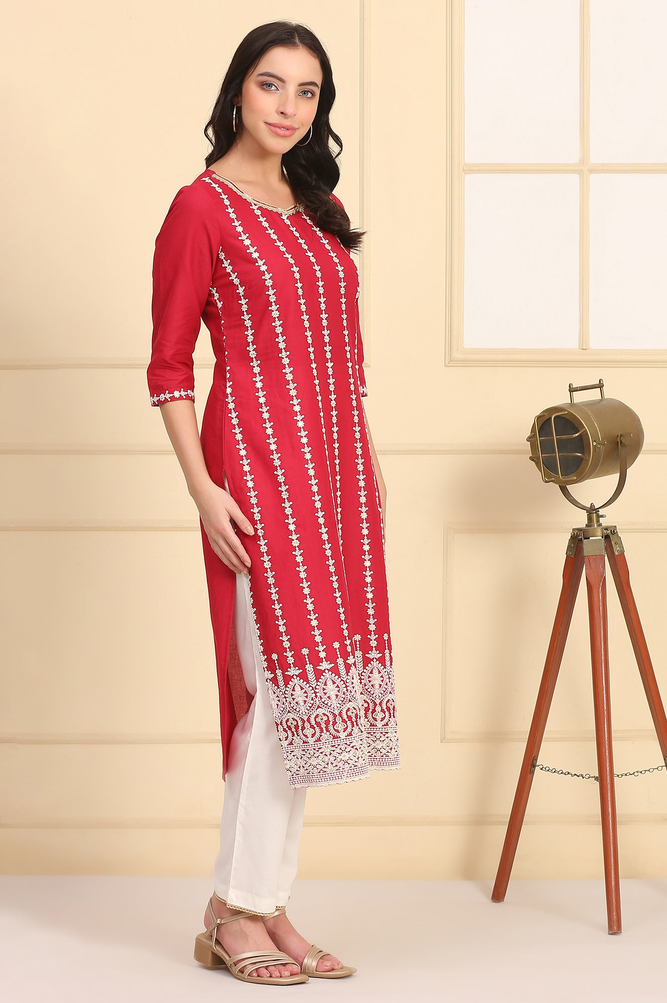 Red Embroidered Straight Schiffli Pure Cotton Kurta