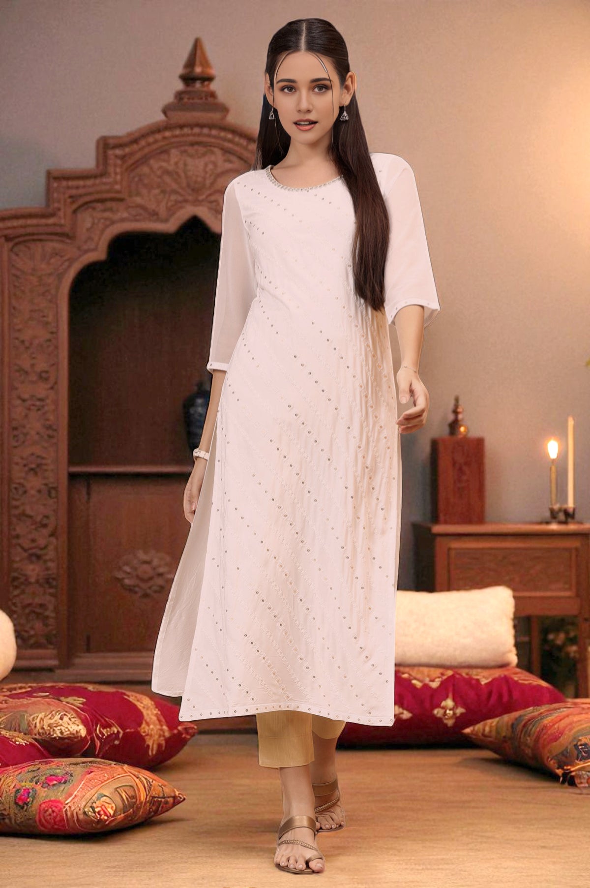 White Schiffli Embroidered Rayon Straight Kurta with Sequins - XS