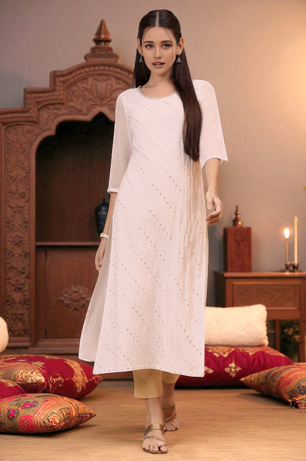 White Schiffli Embroidered Rayon Straight Kurta with Sequins